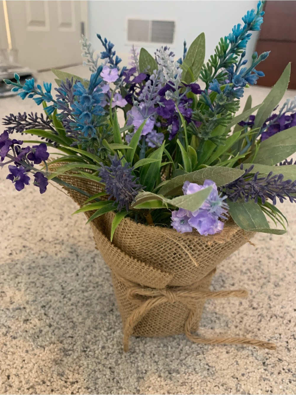 Burlap Wrapped Purple & Blue Artificial Lavender Bouquet